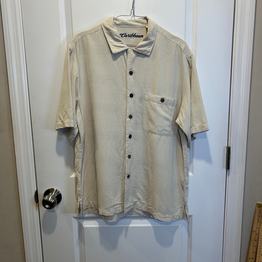 Caribbean Mens Button Down Shirt 100% Silk Textured Tan Medium